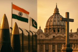 Mapa com destaque para Ásia e Vaticano, representando a tensão entre Índia, Paquistão e a influência simbólica da Igreja Católica