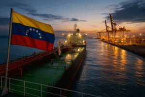 Navio petroleiro com bandeira da Venezuela atracado em porto industrial ao entardecer