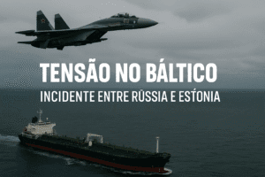 Imagem de um caça russo Su-35 sobrevoando um petroleiro no Mar Báltico, com texto “Tensão no Báltico: Incidente entre Rússia e Estônia”, representando o aumento da tensão geopolítica em maio de 2025