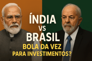 Comparação geopolítica entre Índia e Brasil destacando líderes e oportunidades de investimento em 2025