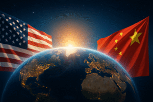 Imagem com a Terra vista do espaço, bandeiras dos Estados Unidos e China nas laterais, representando o acordo comercial e sua influência econômica mundial